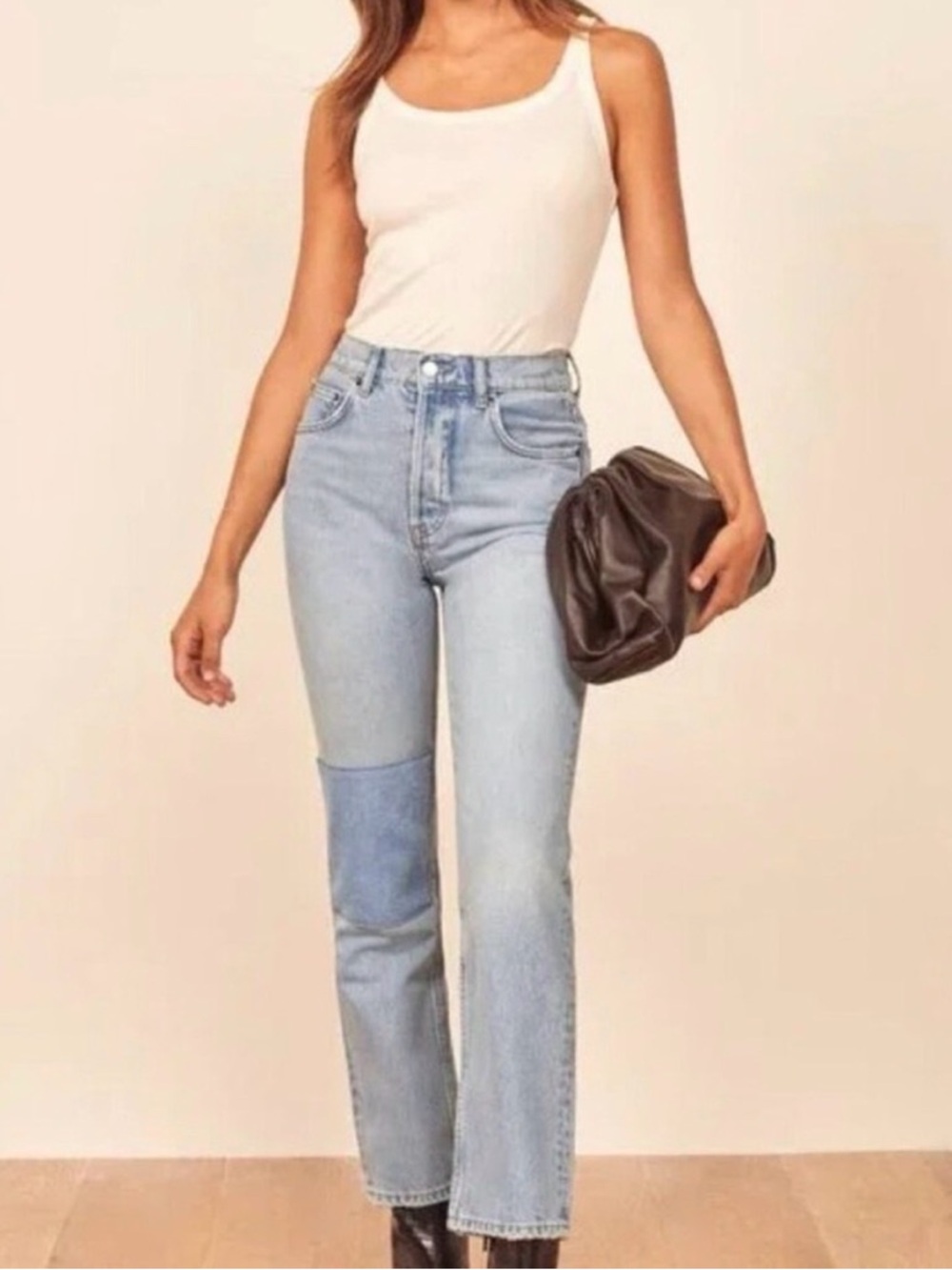 Reformation Cynthia Patch High Rise Straight Jeans in Tahoe